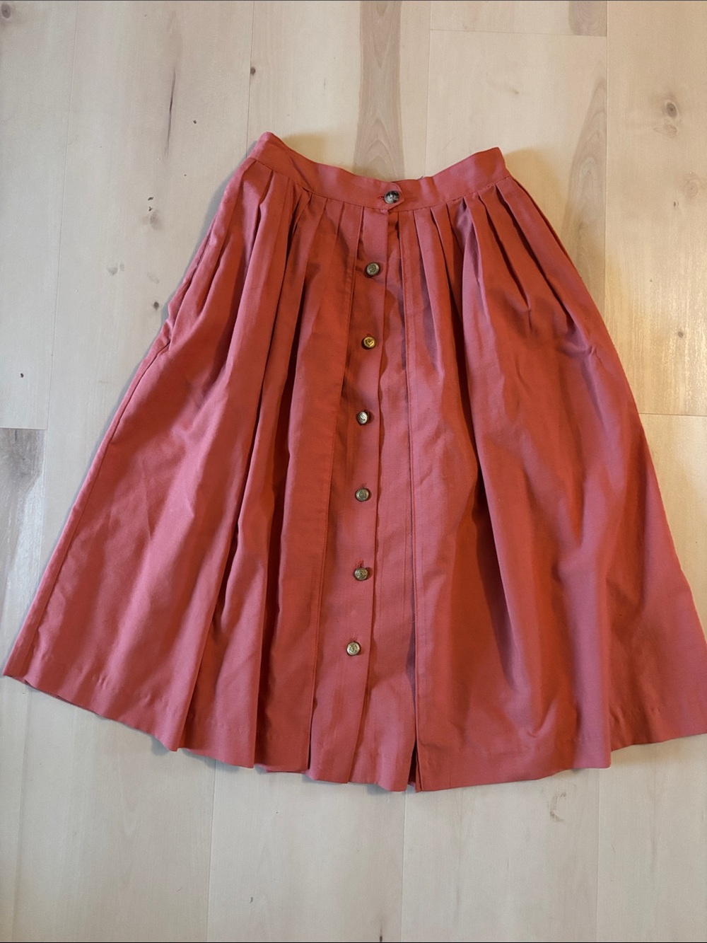 Vintage Button-Front Pleated Midi Skirt in Coral Pink